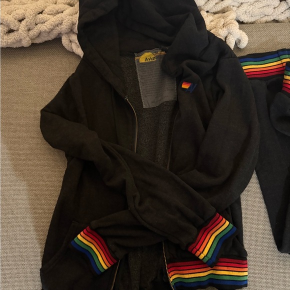 Aviator Nation Charcoal Hoodie and Sweatpants Set with Rainbow Stripe Cuffs - Picture 2 of 5